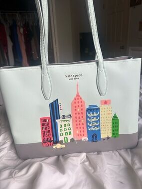 kate spade pastel mint tote with colorful cityscape print